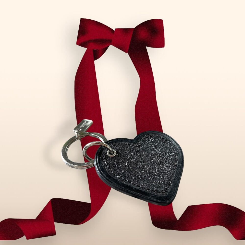 100% AUTHENTIC Vintage COACH Black Leather Glitter Heart Key Fob Keychain
